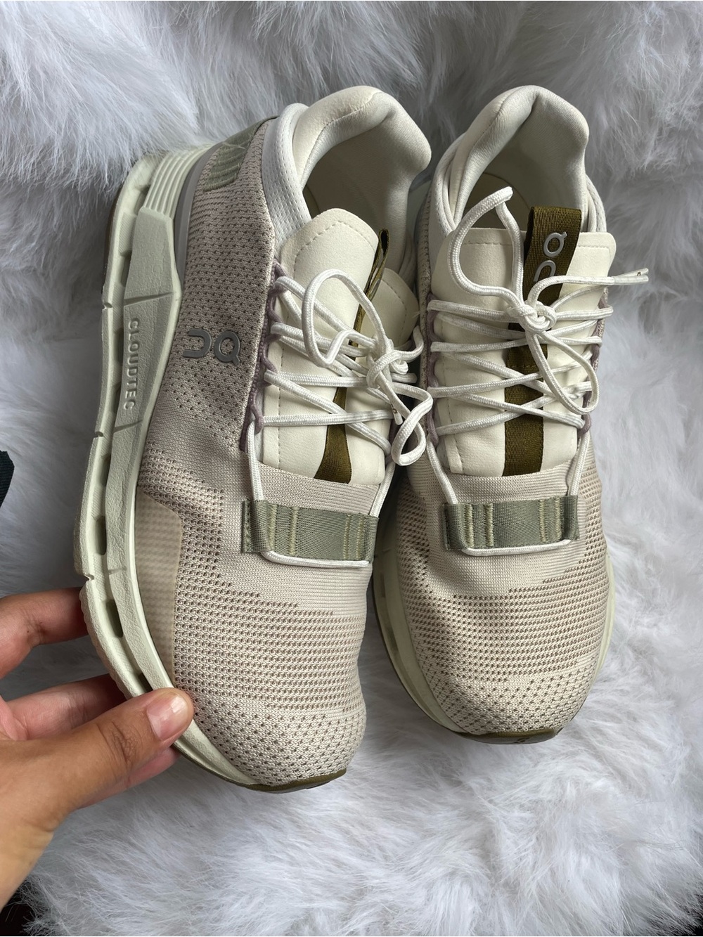 On Running Off-White Knit Sneakers with Olive Pull Tab